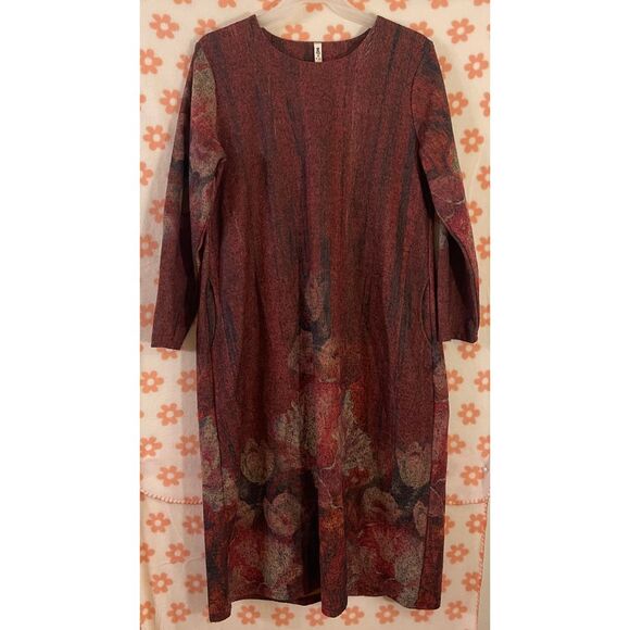 Jian Ruyi Elegant Burgundy Floral Long Sleeve Dress Autumn‎ Winter Casual Wear - Picture 1 of 6